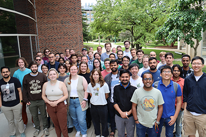 Participants of the 20th Exotic Beam Summer School (EBSS 2023) gather for a group photo outside of FRIB.