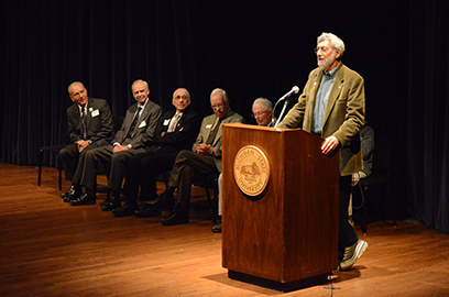 The nuclear physics faculty who were present before or shortly after the commissioning of the K50 cyclotron spoke at the event. From left: Ed Kashy, Gary Crawley, Aaron Galonsky, Sam Austin, Hugh McManus, and Walt Benenson (standing at podium).