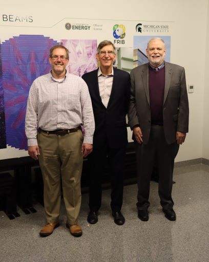 Pictured, from left: Sean Liddick, associate professor of chemistry at FRIB and in MSU’s Department of Chemistry, and FRIB associate director for experimental science; George Perkovich; and Sherman Garnett, former dean of MSU’s James Madison College. 