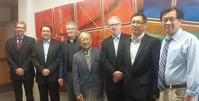 Members of the Accelerator Systems Advisory Committee recently met. Pictured, from left, are Jens Knobloch, Thomas Roser, Bob Laxdal, Satoshi Ozaki, Stuart Henderson, Roberto Than, and Yuke Tian. 