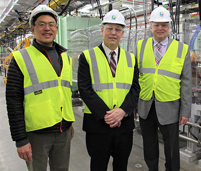 On 13 February, Dr. Chris Fall, director of the U.S. Department of Energy’s Office of Science, visited FRIB for a tour of the facility. Above, Dr. Fall (center) is pictured with Stephen Hsu, senior vice president for research and innovation at MSU, (left) and FRIB Laboratory Director Thomas Glasmacher (right) during the tour.