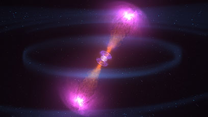 This image captures phenomena observed following the neutron star merger known as GW170817. They include gravitational waves (pale arcs), a near-light-speed jet that produced gamma rays (magenta), expanding debris from a kilonova that produced ultraviolet (violet), optical and infrared (blue-white to red) emission, and, once the jet directed toward us expanded into our view from Earth, X-rays (blue). Credits: NASA's Goddard Space Flight Center/CI Lab