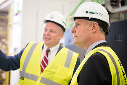 U.S. Representative John Moolenaar (right) toured FRIB with FRIB Project Director Thomas Glasmacher on 20 September 2017. Photo by Greg Kohuth, MSU Communications and Brand Strategy