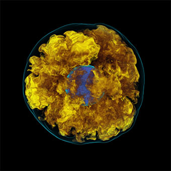 A 3D simulation of a supernovae carried out on one of the largest supercomputers in the world. Image credit: Sean Couch, MSU 