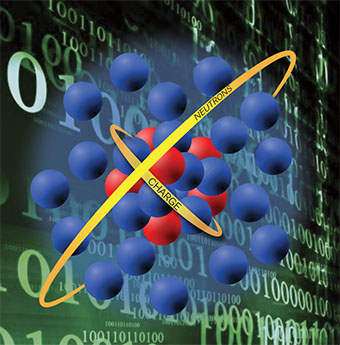 Conceptual art illustrates different sizes of proton (charge) and neutron distributions in calcium 48 calculated by nuclear physicists with the help of fastest supercomputers available for public research.  Image credit: Erin O’Donnell, Facility for Rare Isotope Beams