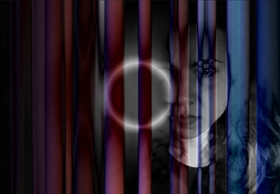 Artistic portrait of Violeta López López behind a red-blue gradient of bars with a glowing circle.